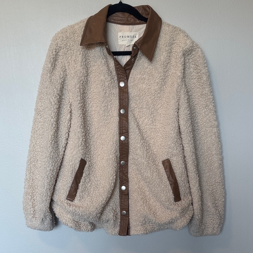 Promesa Cream Sherpa Jacket with Brown Faux Leather Trim